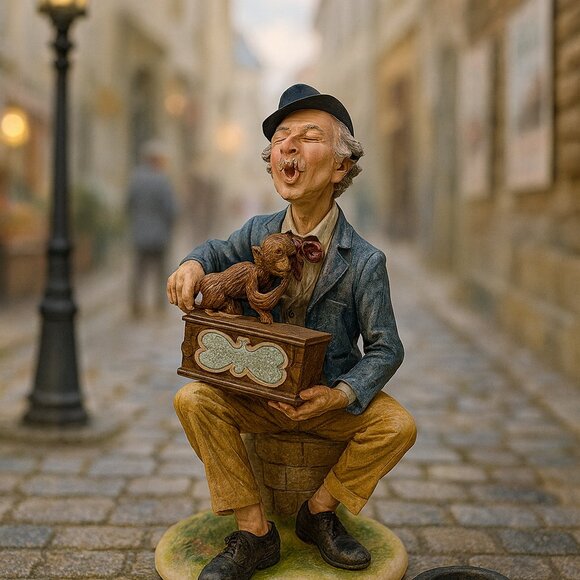 Capodimonte Style Porcelain Figurine Organ Grinder Man with Monkey Signed VTG - Picture 1 of 8